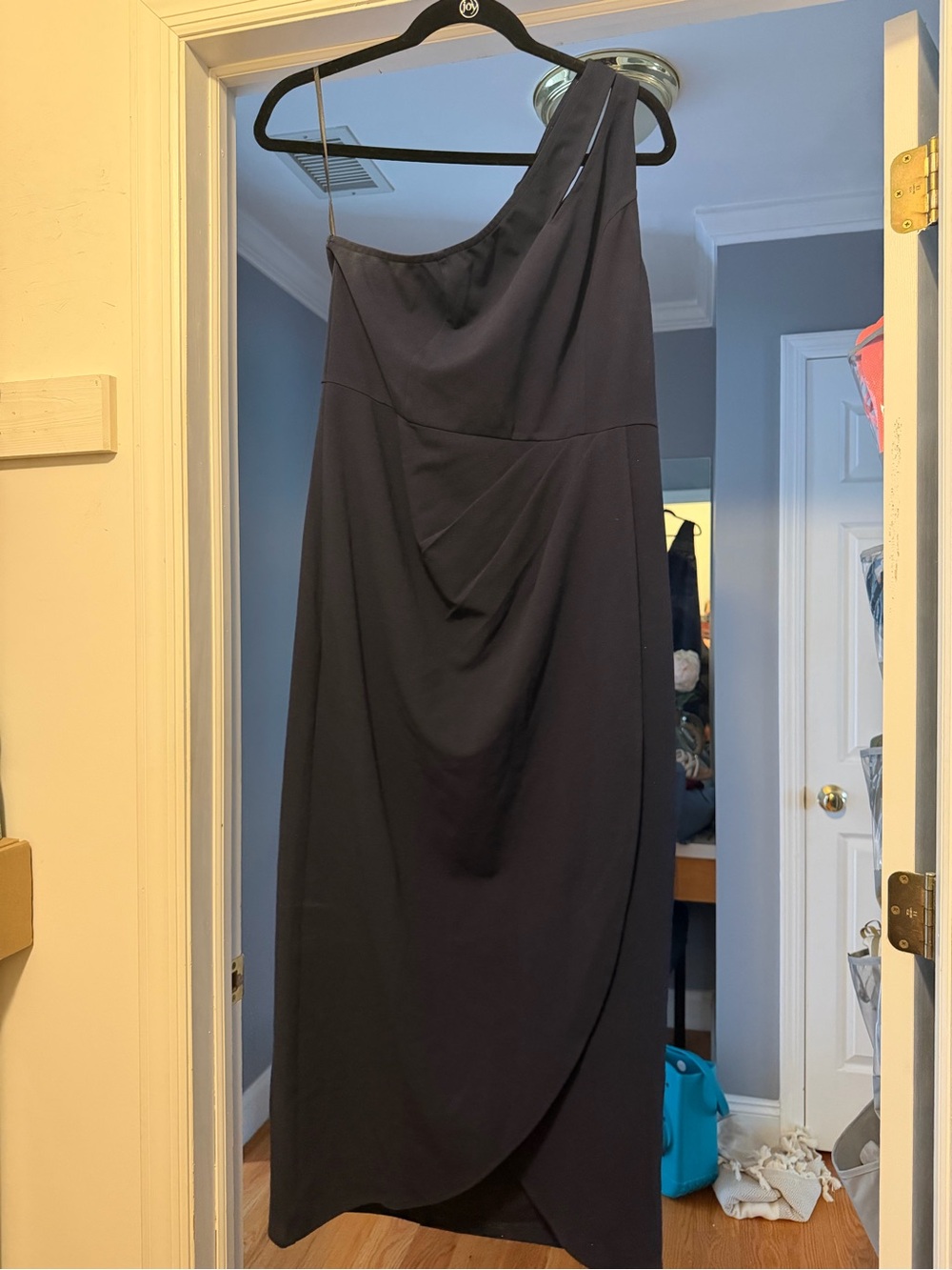 One-Shoulder Navy Evening Dress with Drape Detail